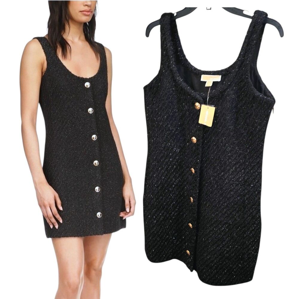 MICHAEL KORS Sz 12 NWT Bouclé Sparkle Gold Logo Buttons Black Tweed Shift Dress